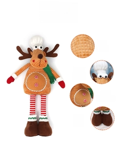 Detailed views of plush Christmas reindeer toy showing corduroy fabric and cute accessories
