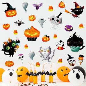 Halloween Wall Stickers PVC Self Adhesive Pumpkin Ghost Black Cat Cartoon Party Decor Waterproof Window Decals