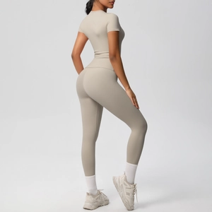 Slim fit khaki yoga set with high waist leggings and short sleeve tee for fitness