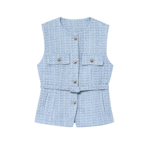 Light blue tweed vest with metallic buttons and matching belt for a chic look