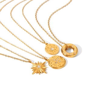 18K gold plated titanium steel necklaces with starburst and hammered coin pendants