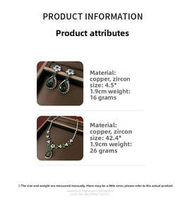 Detail view of green zircon leaf necklace and earrings set with size specifications