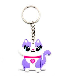 Detail of cute purple PVC cat keychain with big blue eyes and silver metal ring