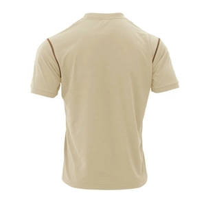 Rear view of beige men's polo shirt featuring dark brown contrast piping on the shoulders