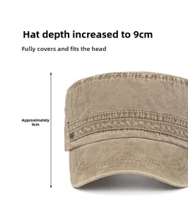 Detail view of khaki cotton flat top military cap with 9cm depth and dual stitching