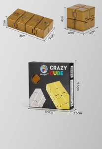 Infinity Cube size guide showing folded 4x4cm and unfolded 8x4x2cm dimensions with box
