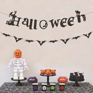 Halloween glitter banner with black bats and pumpkin decor for festive party wall display