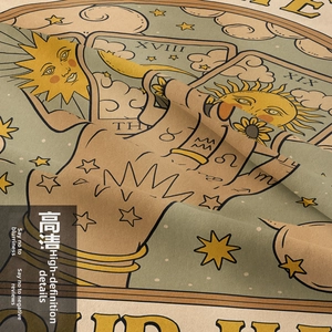 Macro detail of Bohemian tarot tapestry showing woven texture and sun moon astrology print