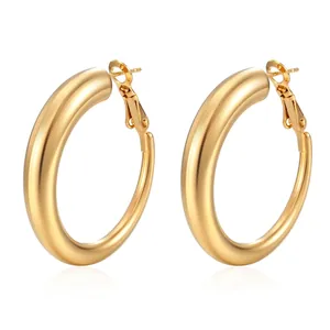 Polished 18K gold plated stainless steel hollow hoop earrings with classic latch closure