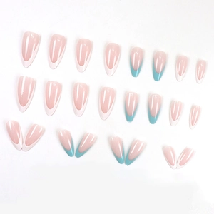 Elegant almond press-on nails set with natural pink base and French tips in blue and white