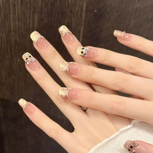French press-on nails with cute hand-painted bear, pearls and sparkling rhinestones