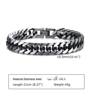 Men's black stainless steel Cuban link bracelet 10.5mm wide with secure folding clasp