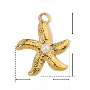 Detailed view of gold starfish pendant with white pearl and size markings of 19mm x 15mm
