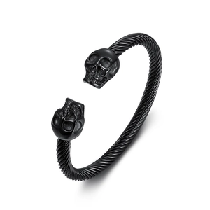 Retro punk black braided cable stainless steel open bangle with double skull heads