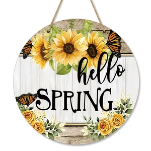Hello Spring wooden door sign with sunflowers, yellow roses and rustic hanging jute rope
