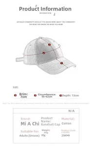 Detailed size chart for the washed cotton baseball cap with brim and depth measurements