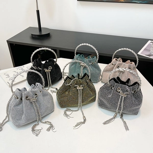 Sparkling Rhinestone Bucket Bag For Women With Metal Ring Handle And Chain Strap Tassel Evening Party Crossbody Handbag
