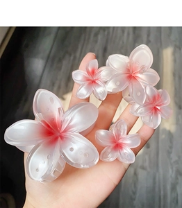 Detailed view of five pink gradient flower claw clips in various sizes for hair styling