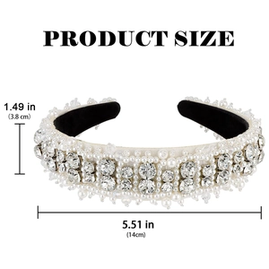 Size chart for wide pearl and rhinestone headband with dimensions 3.8cm width and 14cm diameter