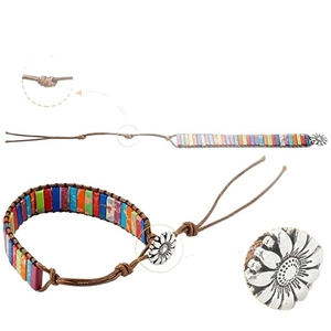 Handmade bohemian multi-color natural stone bracelet with a silver sunflower button clasp