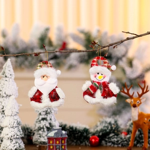 Plush Santa and Snowman Christmas tree ornaments with red plaid details in winter scene