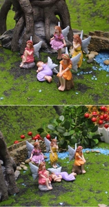 Dettaglio di cinque fate dei fiori in resina per terrari e decorazioni succulente