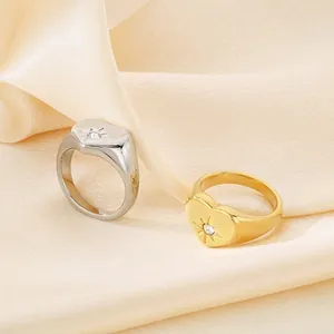 Stainless Steel Heart Signet Ring For Women With Star Engraved Rhinestone Polished North Star Fashion Jewelry