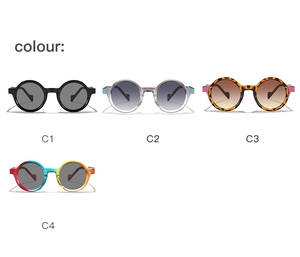 Detail view of retro round sunglasses in four colors including tortoiseshell and grey