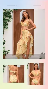 Dreiteiliger Blumenbikini mit Rüschen und Wickelrock aus verschiedenen Perspektiven