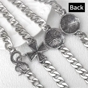 Punk style stainless steel snake and cross cuban link bracelet in antique silver finish
