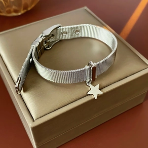Close-up of silver mesh bracelet with star charm and adjustable buckle on display box