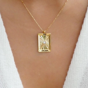 18K gold plated tarot sun pendant necklace with crystal on slim O-chain for women