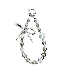 Luxe silver beaded phone strap with rhinestone spheres and a metallic bow charm