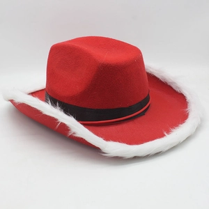 Top view of a red Christmas cowboy hat featuring white faux fur trim and black band detail