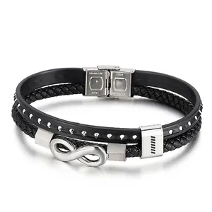 Men Multi-layer Braided Leather Bracelet With Stainless Steel Infinity Symbol Rivet Detail Hip Hop Jewelry Bangle