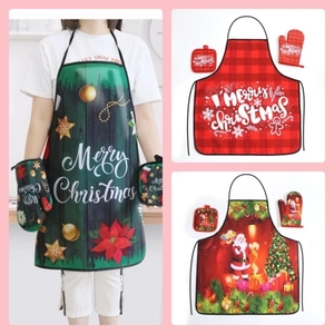 Kitchen Apron With Oven Mitt And Pot Holder Waterproof Polyester For Cooking Baking Festive Holiday Decor