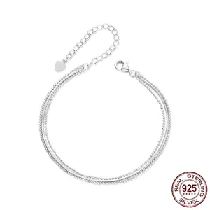 Authentic 925 Sterling Silver Triple Layer Bracelet For Women Elegant Heart Pendant Adjustable Bead Snake Chain Jewelry Gift