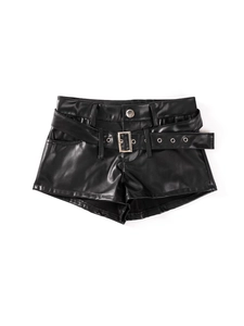 Damen PU-Leder-Shorts in Schwarz mit passendem Gürtel und Metallschnalle für Clubwear
