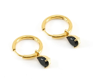 Detail of gold-plated hoop earrings featuring black teardrop zircon stone pendants