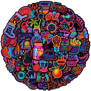50pcs neon style aesthetic stickers featuring colorful icons and pop art designs