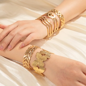 Women Gold Plated Stainless Steel Open Bangle Bracelet Butterfly Heart Textured Pleated Adjustable Cuff Fashion Jewelry