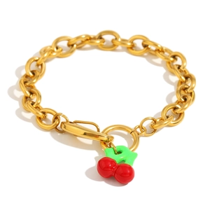 18K gold plated stainless steel chunky chain bracelet with red cherry pendant charm