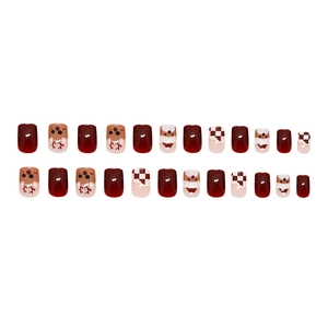24pcs Christmas reindeer and plaid patterned burgundy press-on nails in short square shape
