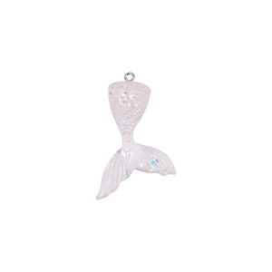 Detail of a sparkling white resin mermaid tail charm with a metallic top ring