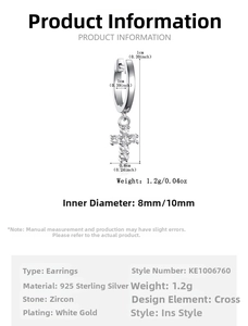 Size chart showing 925 sterling silver cross earrings with zircon stone measurements