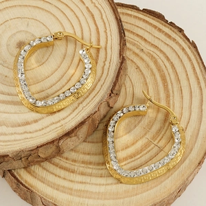 18K gold plated heart hoop earrings with Greek key pattern and sparkling crystals