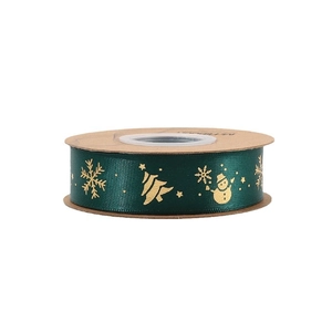Green Christmas ribbon roll with gold snowflake patterns for festive gift wrapping