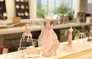 Pink velvet jewelry display set with mannequin, sofa and high heel ring holders