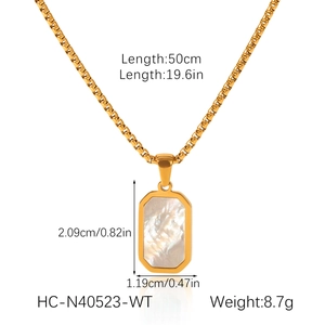 Detailed size chart for gold octagon necklace with white shell pendant dimensions
