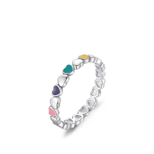 Minimalist S925 sterling silver ring with colorful enamel heart charms around the band